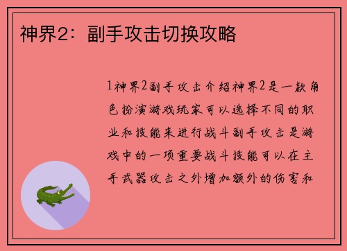 神界2：副手攻击切换攻略