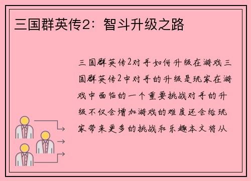 三国群英传2：智斗升级之路