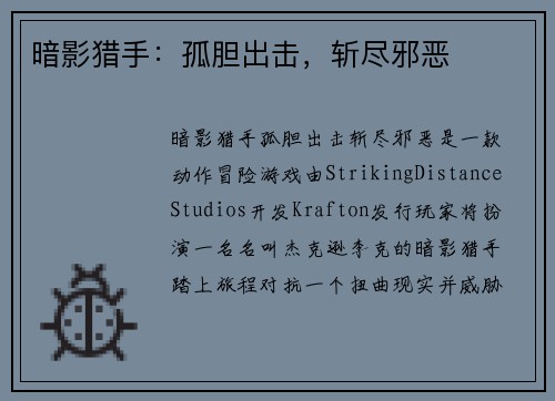 暗影猎手：孤胆出击，斩尽邪恶